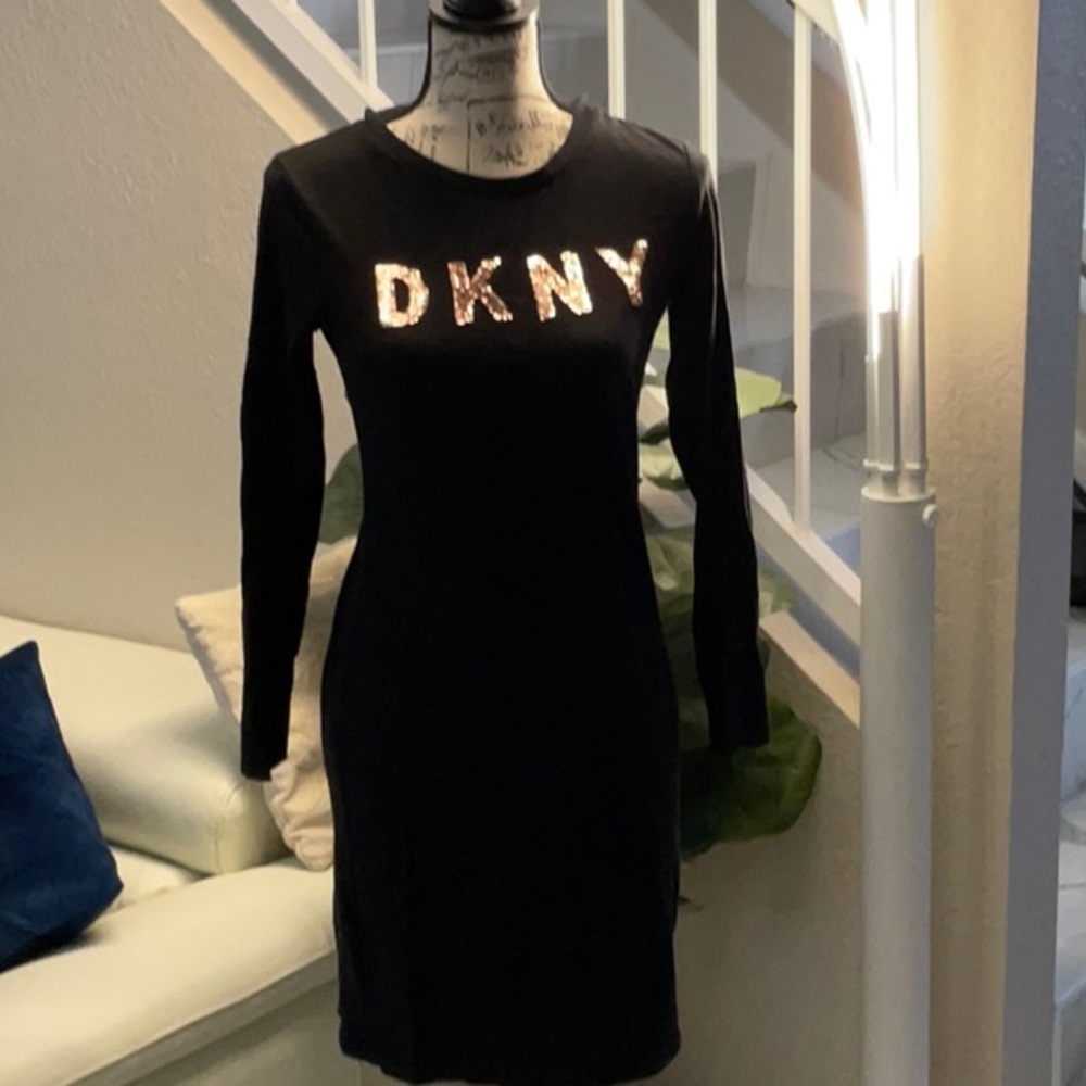 DKNY long sleeve black t-shirt dress with gold sequin logo.  Size XS